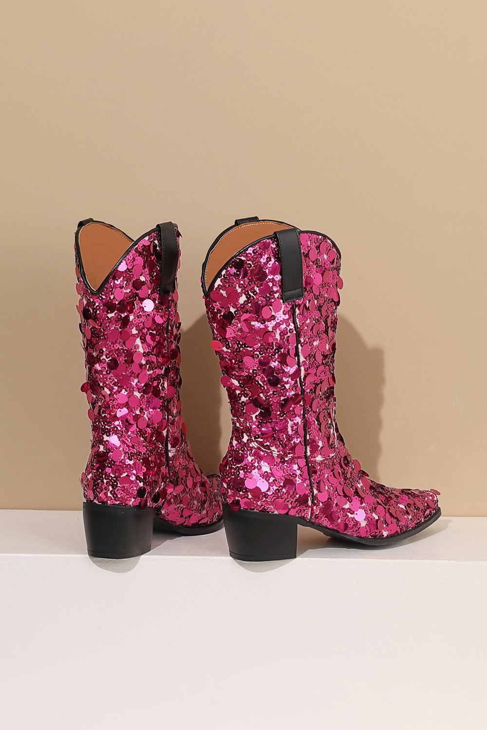 Women's Magenta Sequin Cowboy Boots Block Heel Sparkling Ankle Western Booties