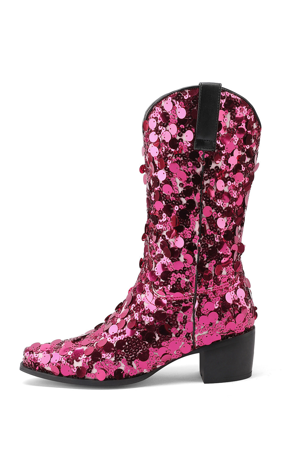 Women's Magenta Sequin Cowboy Boots Block Heel Sparkling Ankle Western Booties