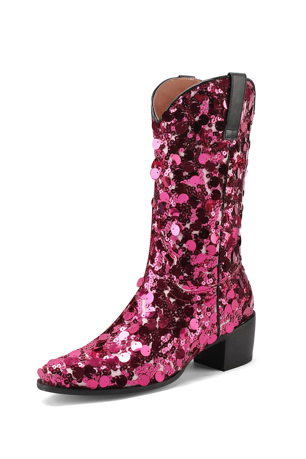 Women's Magenta Sequin Cowboy Boots Block Heel Sparkling Ankle Western Booties