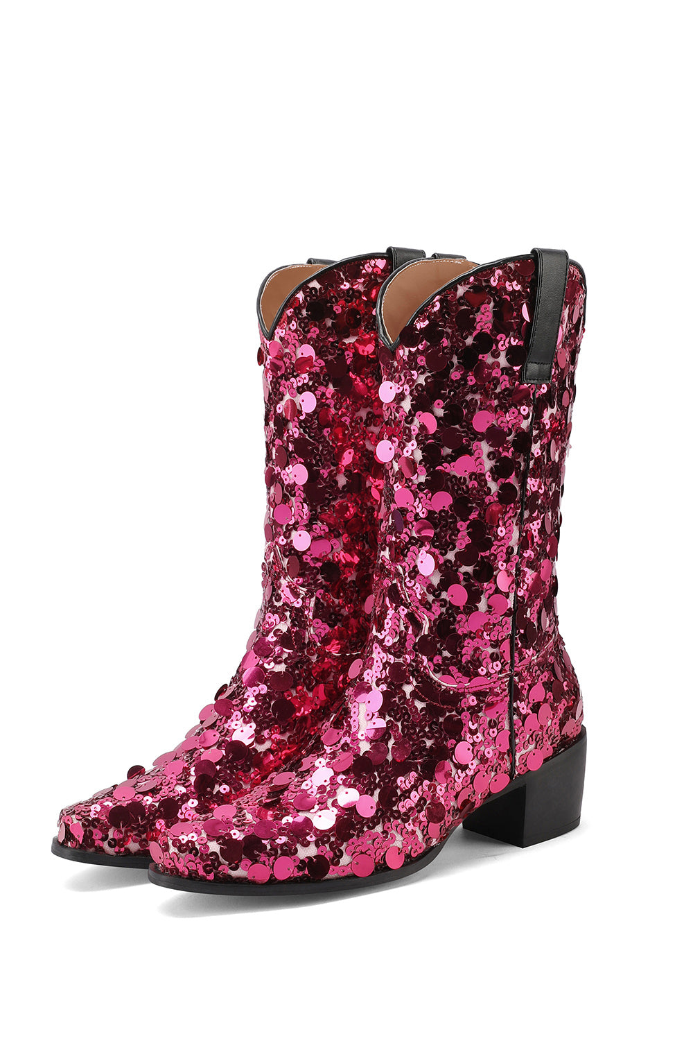 Women's Magenta Sequin Cowboy Boots Block Heel Sparkling Ankle Western Booties