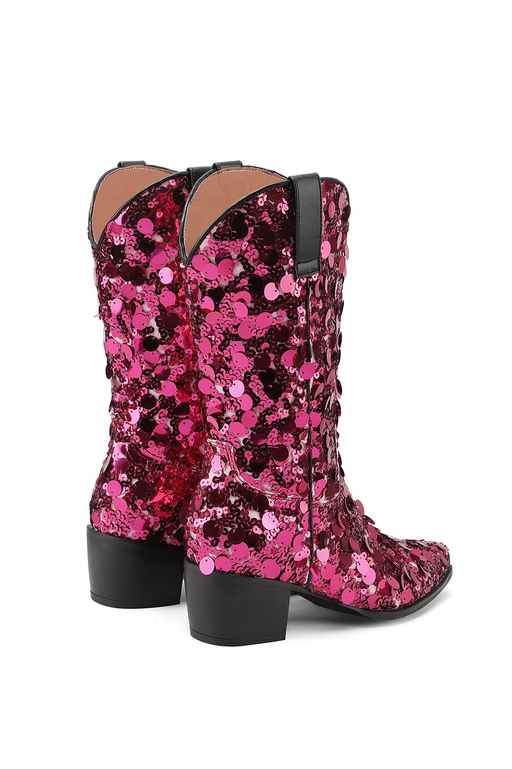 Women's Magenta Sequin Cowboy Boots Block Heel Sparkling Ankle Western Booties