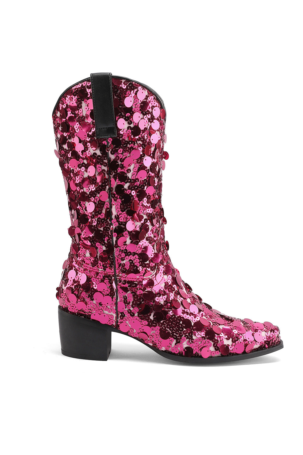 Women's Magenta Sequin Cowboy Boots Block Heel Sparkling Ankle Western Booties