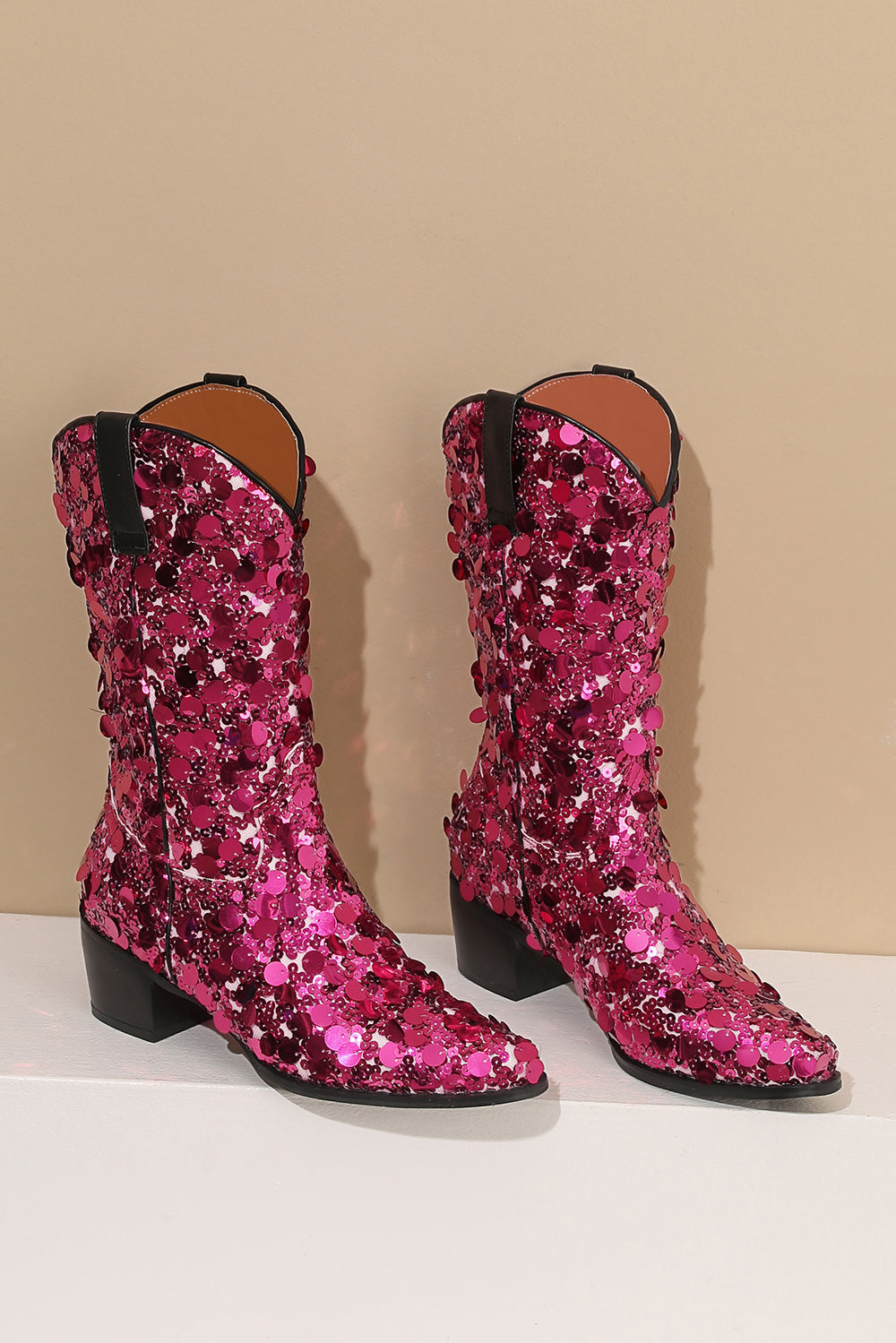 Women's Magenta Sequin Cowboy Boots Block Heel Sparkling Ankle Western Booties