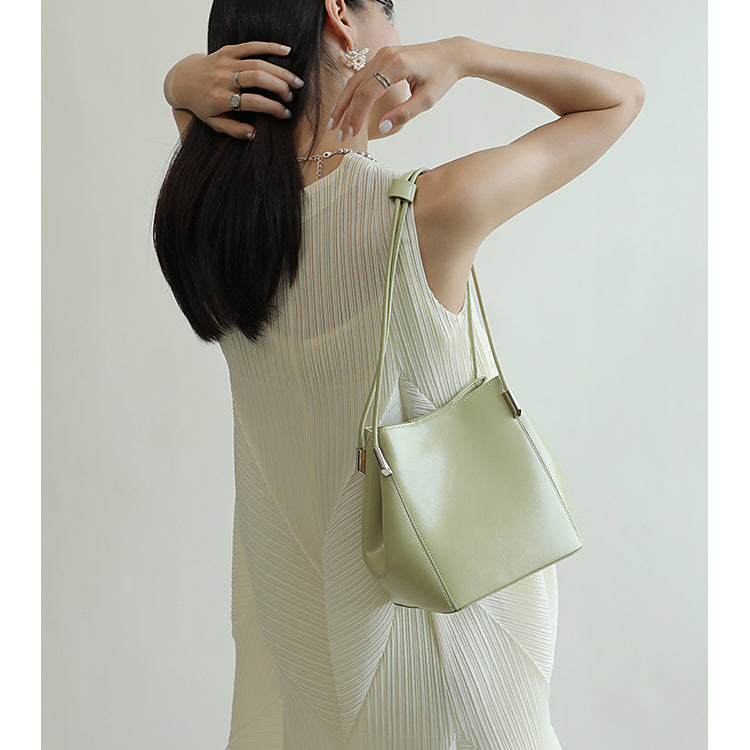 Green Leather Shoulder Bucket Bag Mini Handbag