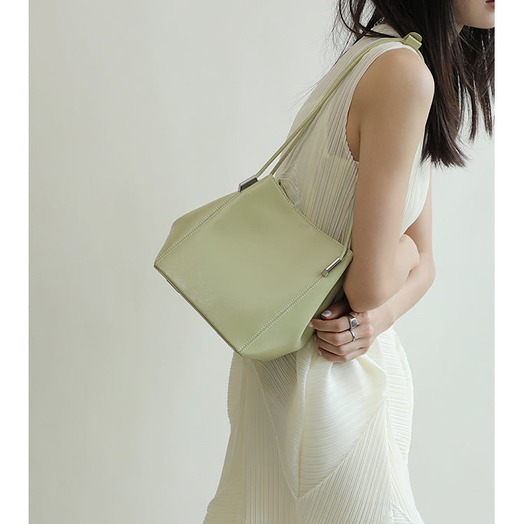 Green Leather Shoulder Bucket Bag Mini Handbag