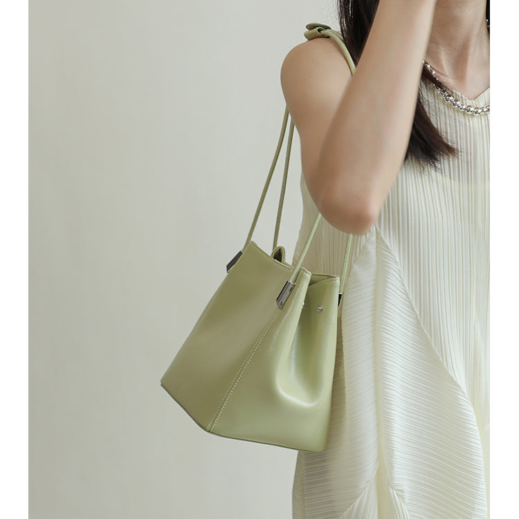 Green Leather Shoulder Bucket Bag Mini Handbag