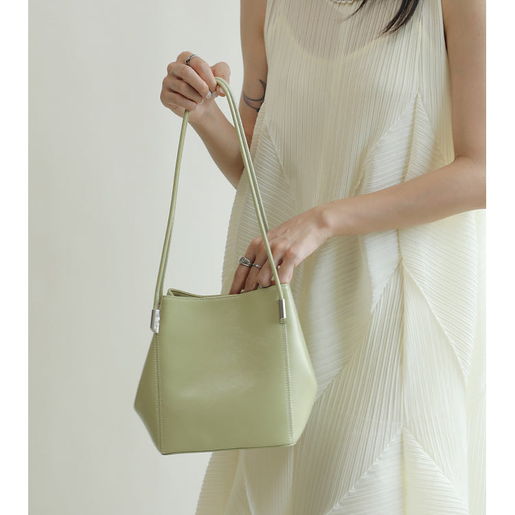 Green Leather Shoulder Bucket Bag Mini Handbag