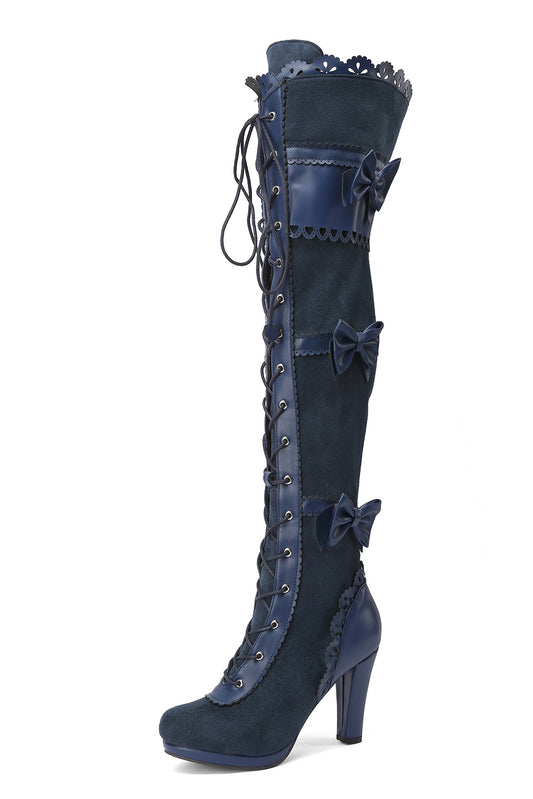 <tc>Women's Navy Suede Bow Lace up Vintage Over the Knee Boots</tc>