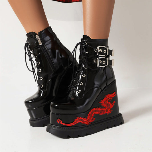 Black Patent Leather Red Dragon Embroidery Lace-Up Ankle Boots