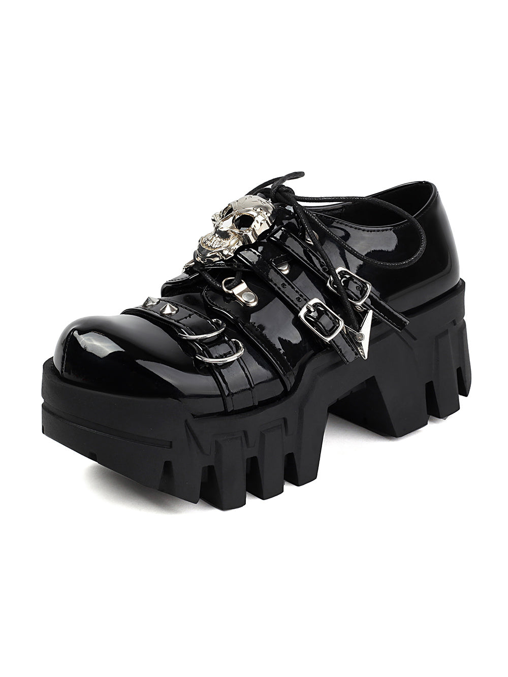 <tc>Women's Patent Leather Round Toe Skull Buckles Lace up Ankle Boots</tc>