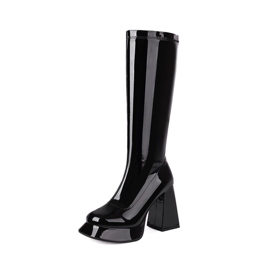 <tc>Women's Patent Leather Square Toe Block Heels Platform Knee High Boots</tc>