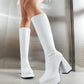 Women's Patent Leather Square Toe Block Heels Platform Knee High Boots