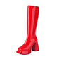 Women's Patent Leather Square Toe Block Heels Platform Knee High Boots