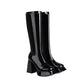 Women's Patent Leather Square Toe Block Heels Platform Knee High Boots