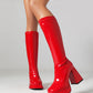 Women's Patent Leather Square Toe Block Heels Platform Knee High Boots