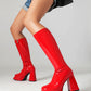 Women's Patent Leather Square Toe Block Heels Platform Knee High Boots