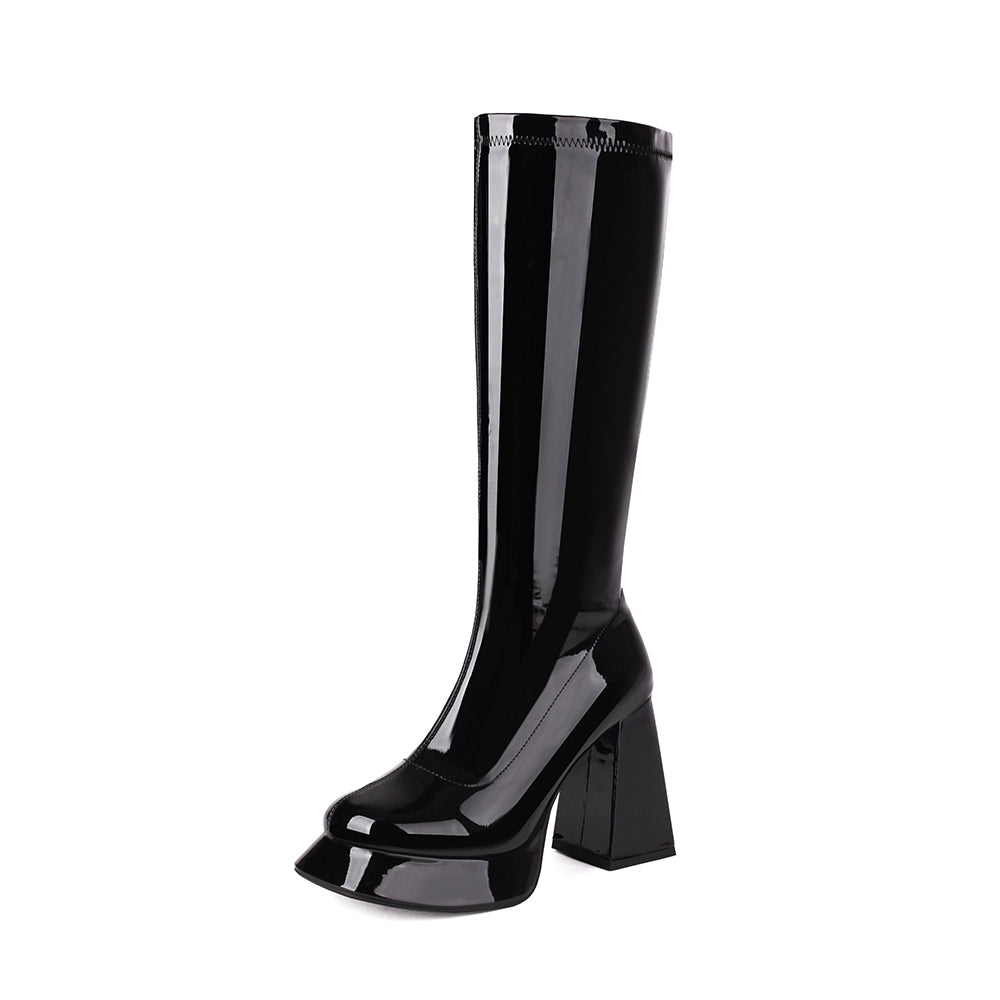 Women's Patent Leather Square Toe Block Heels Platform Knee High Boots