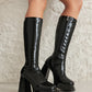 Women's Patent Leather Square Toe Block Heels Platform Knee High Boots