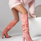 Women's Pink Fabric Pointed Toe Chunky Heel Knee-High Boots