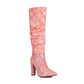 Women's Pink Fabric Pointed Toe Chunky Heel Knee-High Boots