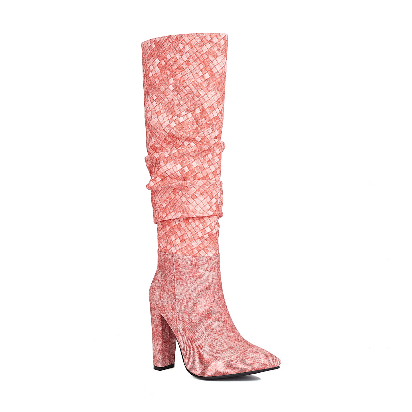 Women's Pink Fabric Pointed Toe Chunky Heel Knee-High Boots