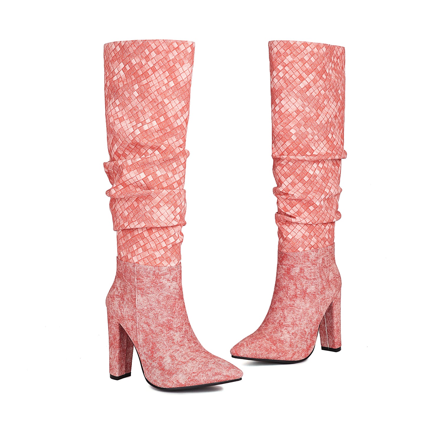 Women's Pink Fabric Pointed Toe Chunky Heel Knee-High Boots