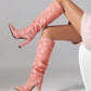 Women's Pink Fabric Pointed Toe Chunky Heel Knee-High Boots