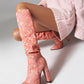 Women's Pink Fabric Pointed Toe Chunky Heel Knee-High Boots