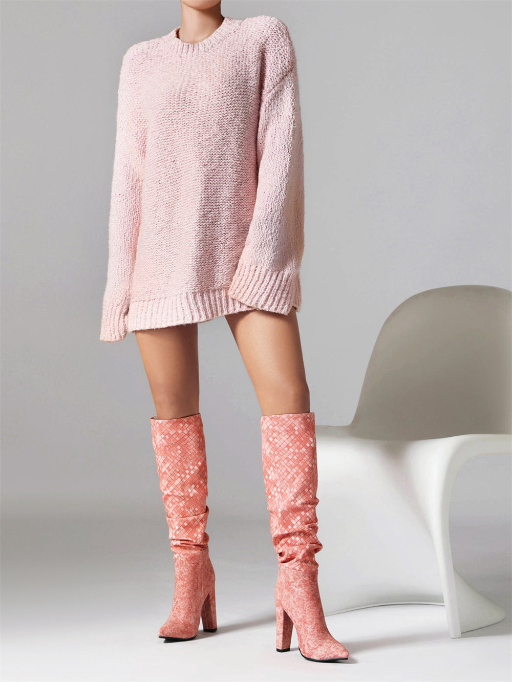 Women's Pink Fabric Pointed Toe Chunky Heel Knee-High Boots