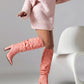 Women's Pink Fabric Pointed Toe Chunky Heel Knee-High Boots