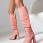 Women's Pink Fabric Pointed Toe Chunky Heel Knee-High Boots