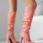 Women's Pink Fabric Pointed Toe Chunky Heel Knee-High Boots