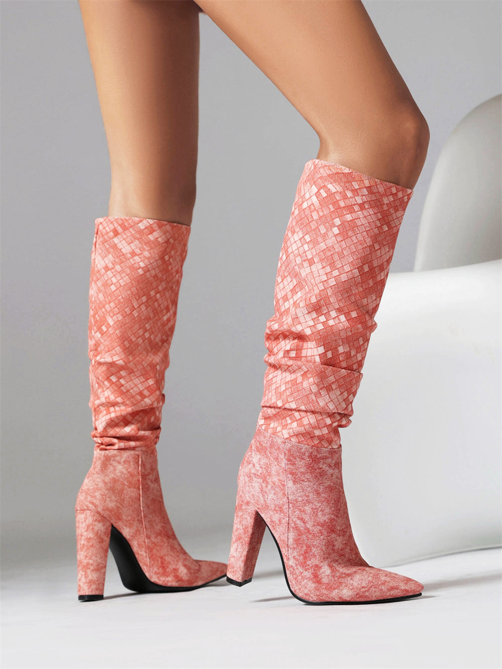 Women's Pink Fabric Pointed Toe Chunky Heel Knee-High Boots