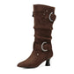 Women's Pointed Toe Low Heel Mid-calf Buckles Suede Boots