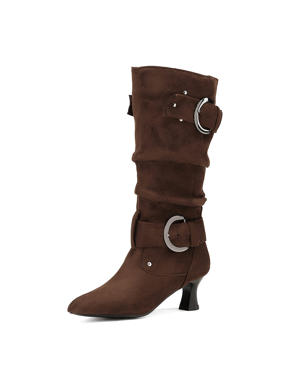 Women's Pointed Toe Low Heel Mid-calf Buckles Suede Boots