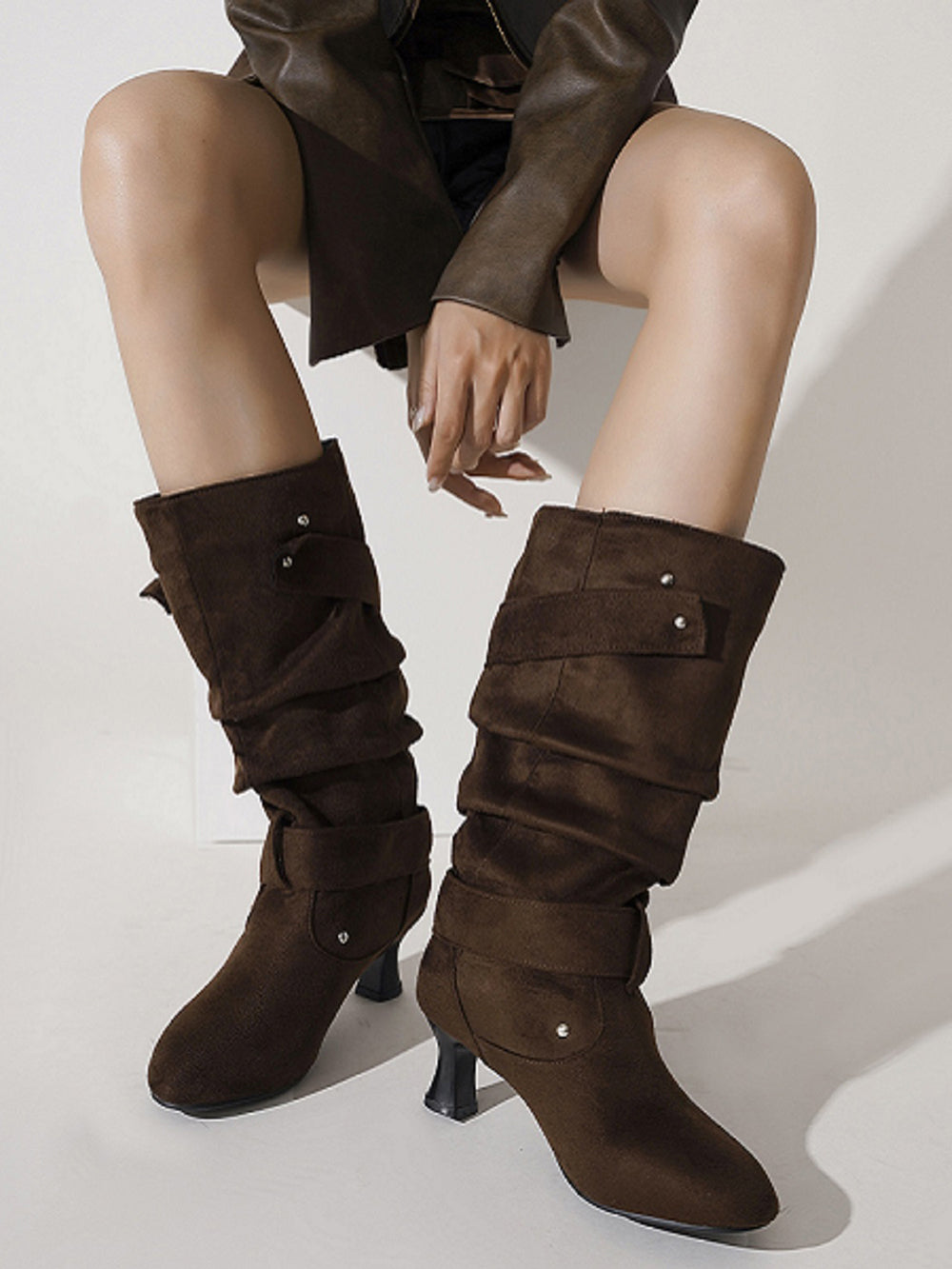 Women's Pointed Toe Low Heel Mid-calf Buckles Suede Boots