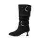 Women's Pointed Toe Low Heel Mid-calf Buckles Suede Boots