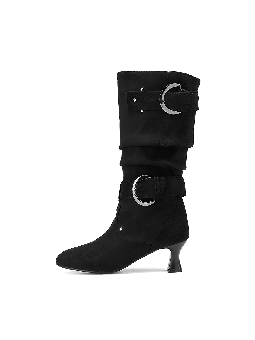 Women's Pointed Toe Low Heel Mid-calf Buckles Suede Boots