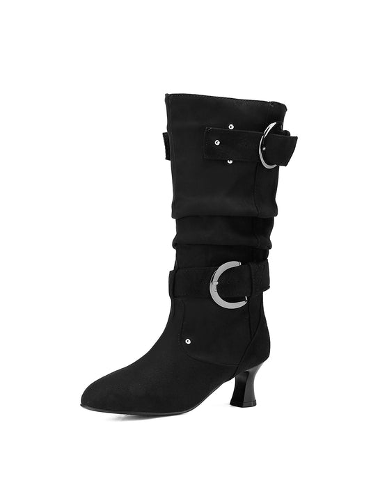 Women's Pointed Toe Low Heel Mid-calf Buckles Suede Boots