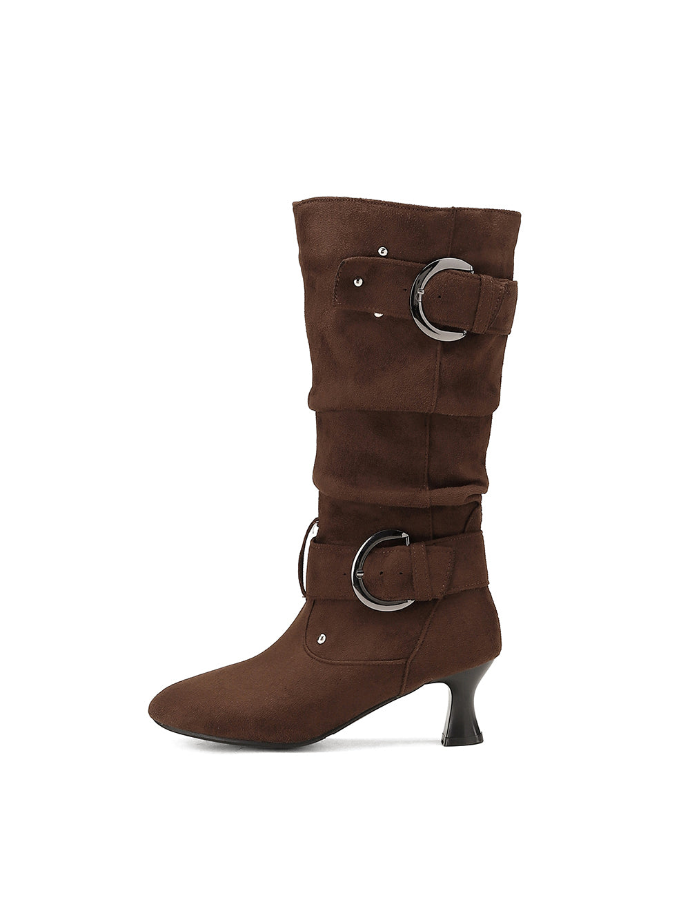 Women's Pointed Toe Low Heel Mid-calf Buckles Suede Boots