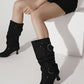 Women's Pointed Toe Low Heel Mid-calf Buckles Suede Boots