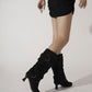 Women's Pointed Toe Low Heel Mid-calf Buckles Suede Boots