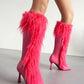 Women's Black Pointed Toe Stiletto Heel Furry Knee High Boots