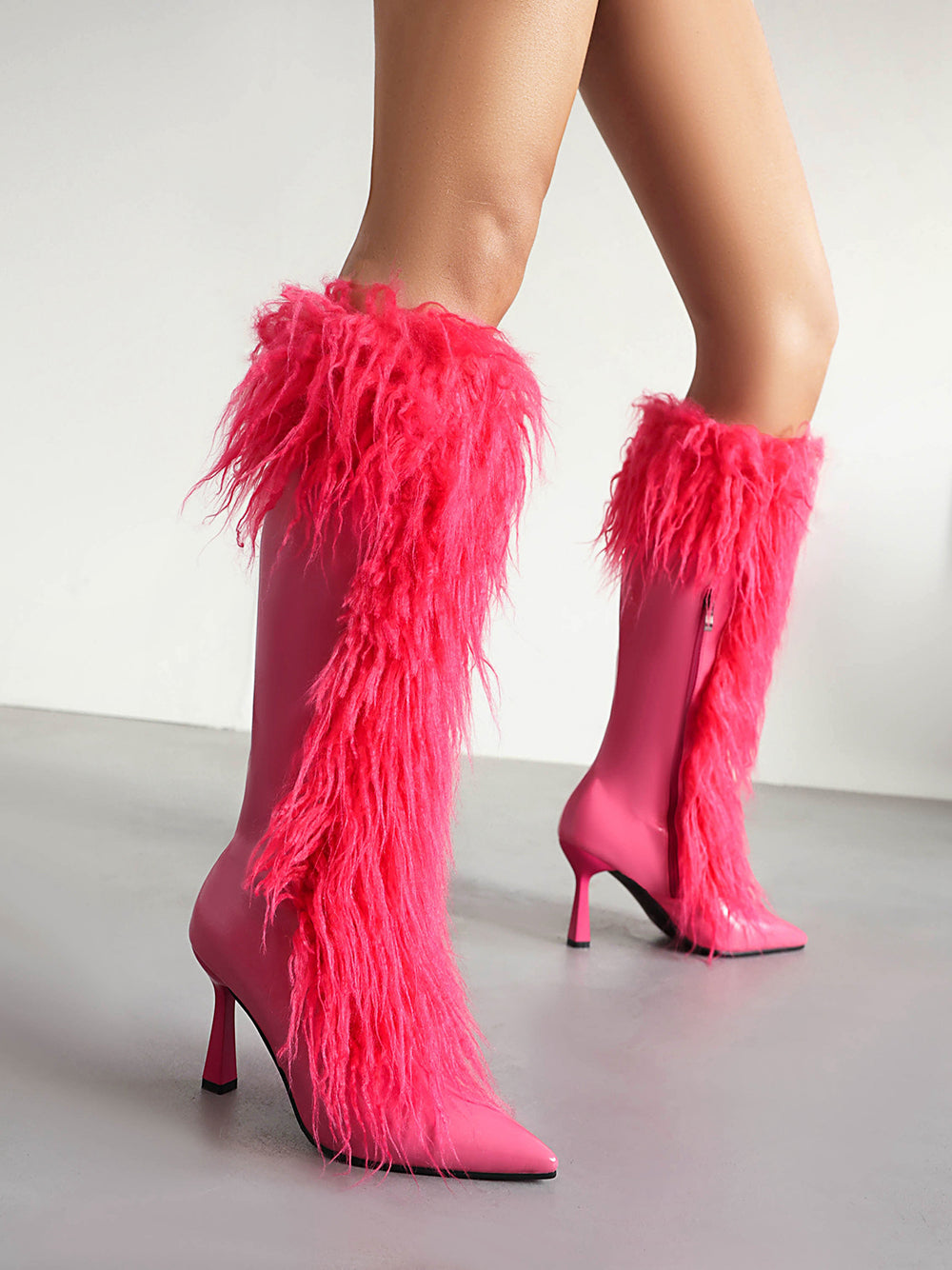 Women's Black Pointed Toe Stiletto Heel Furry Knee High Boots