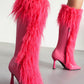 Women's Black Pointed Toe Stiletto Heel Furry Knee High Boots