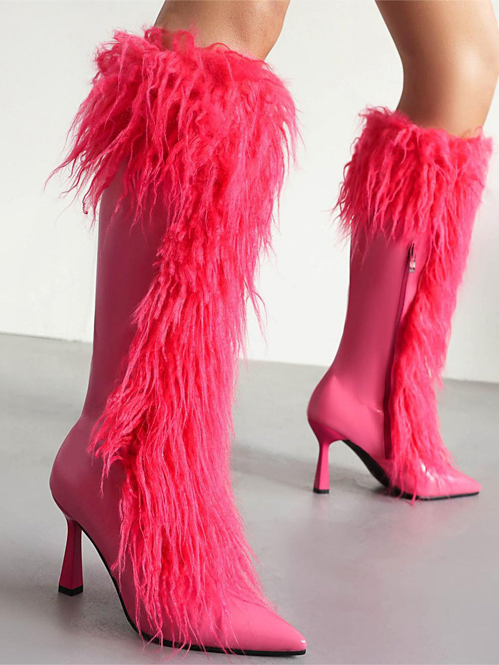 Women's Black Pointed Toe Stiletto Heel Furry Knee High Boots