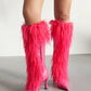 Women's Black Pointed Toe Stiletto Heel Furry Knee High Boots