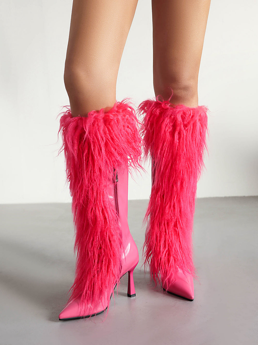 Women's Black Pointed Toe Stiletto Heel Furry Knee High Boots