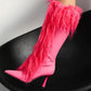 Women's Black Pointed Toe Stiletto Heel Furry Knee High Boots