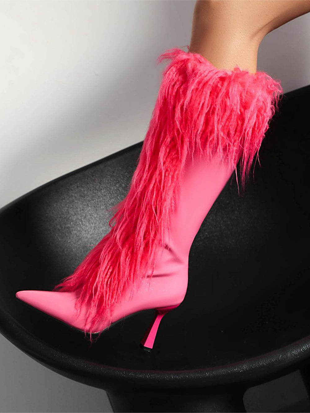 Women's Black Pointed Toe Stiletto Heel Furry Knee High Boots